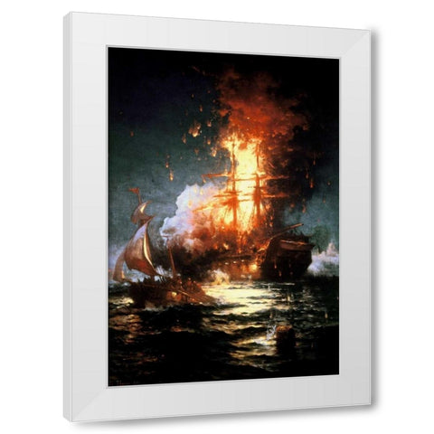 Burning of the Frigate Philadelphia Tripoli Harbor, Feb 16, 1804 White Modern Wood Framed Art Print by Moran, Edward