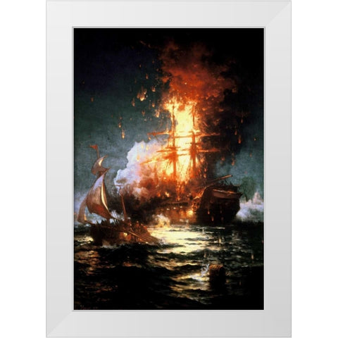 Burning of the Frigate Philadelphia Tripoli Harbor, Feb 16, 1804 White Modern Wood Framed Art Print by Moran, Edward