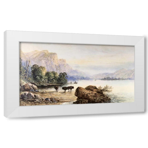 Buffalo Watering White Modern Wood Framed Art Print by Moran, Thomas