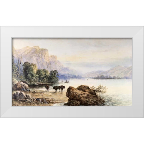Buffalo Watering White Modern Wood Framed Art Print by Moran, Thomas