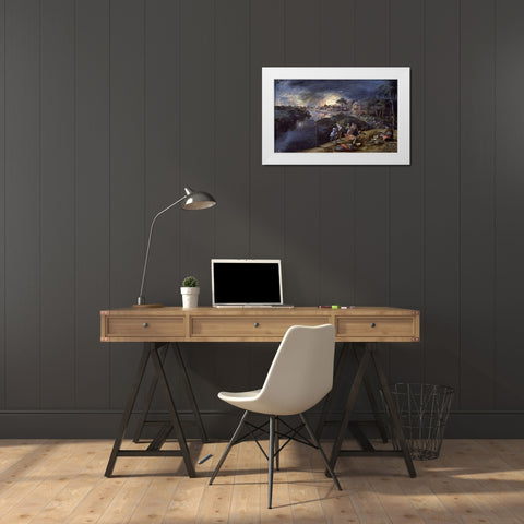 Scene of War and Fire White Modern Wood Framed Art Print by Mostaert, Gillis