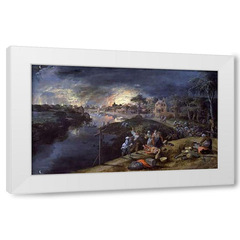 Scene of War and Fire White Modern Wood Framed Art Print by Mostaert, Gillis