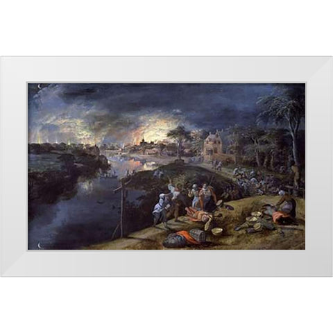 Scene of War and Fire White Modern Wood Framed Art Print by Mostaert, Gillis