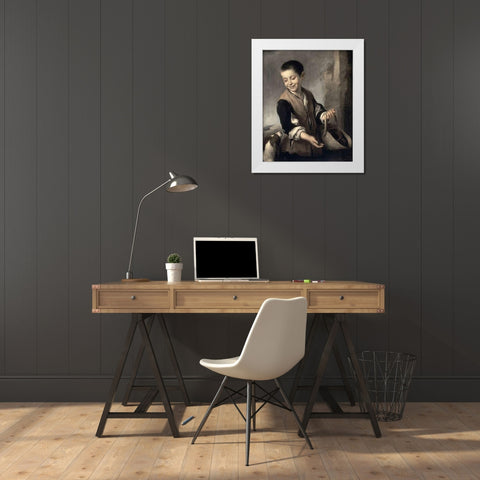 Boy With a Dog White Modern Wood Framed Art Print by Murillo, Bartolome Esteban