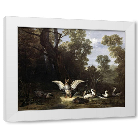 Ducks White Modern Wood Framed Art Print by Oudry, Jean-Baptiste