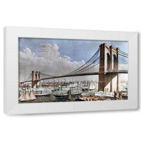 Great East River Suspension Bridge NYC, Brooklyn, 1883 White Modern Wood Framed Art Print by Parsons, Charles