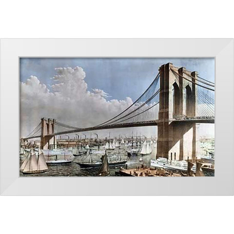 Great East River Suspension Bridge NYC, Brooklyn, 1883 White Modern Wood Framed Art Print by Parsons, Charles