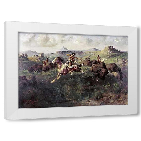 Buffalo Hunt White Modern Wood Framed Art Print by Paxson, Edgar Samuel
