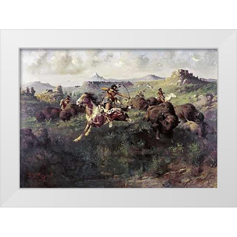 Buffalo Hunt White Modern Wood Framed Art Print by Paxson, Edgar Samuel