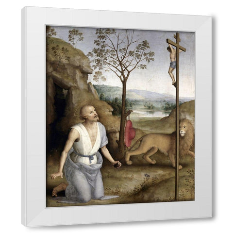 St. Jerome In The Desert White Modern Wood Framed Art Print by Perugino, Pietro