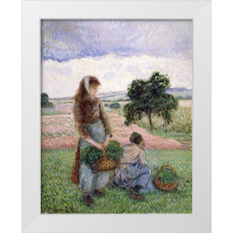 Peasants Carrying a Basket White Modern Wood Framed Art Print by Pissarro, Camille