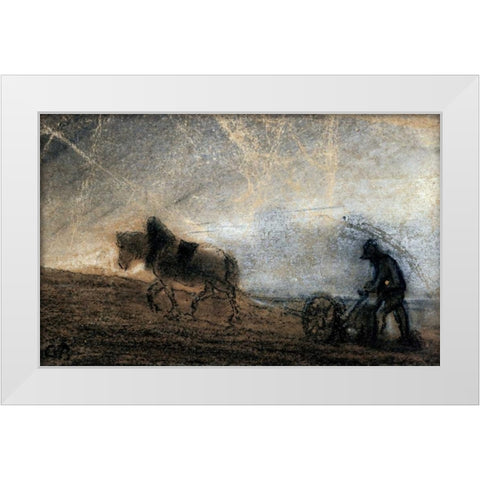Plowman White Modern Wood Framed Art Print by Pissarro, Camille