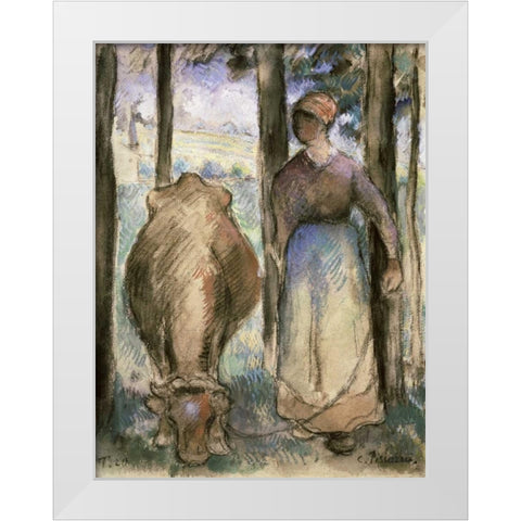 The Cowherd - La Vachere White Modern Wood Framed Art Print by Pissarro, Camille