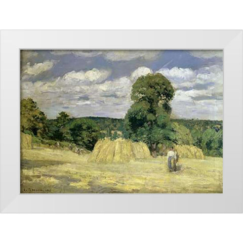The Harvest at Montfoucault White Modern Wood Framed Art Print by Pissarro, Camille
