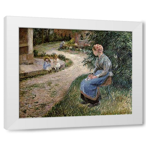 The Servant Seated in the Garden of Eragny White Modern Wood Framed Art Print by Pissarro, Camille