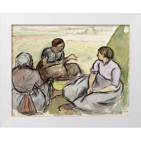 Three Peasant Women White Modern Wood Framed Art Print by Pissarro, Camille