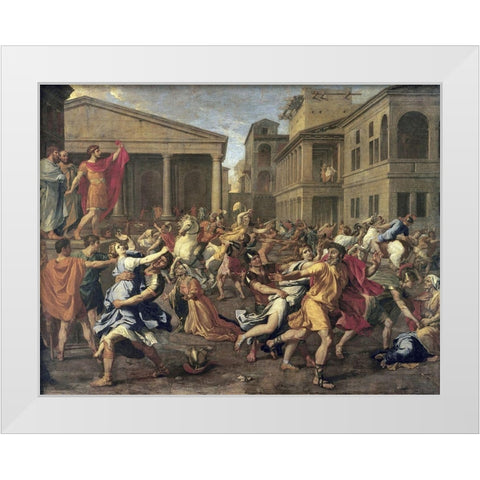 Rape of The Sabines White Modern Wood Framed Art Print by Poussin, Nicolas