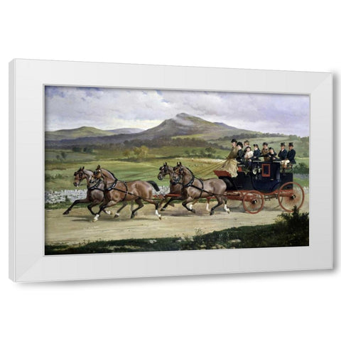 Coach and Four Horses On The Open Road White Modern Wood Framed Art Print by De Prades, Alfred F.