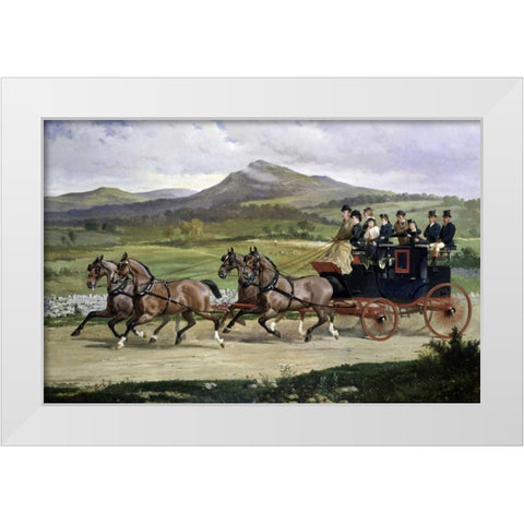 Coach and Four Horses On The Open Road White Modern Wood Framed Art Print by De Prades, Alfred F.