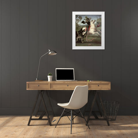 St. George Fighting The Dragon White Modern Wood Framed Art Print by Raphael