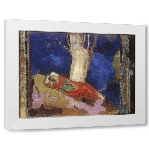 A Woman Lying Under The Tree White Modern Wood Framed Art Print by Redon, Odilion
