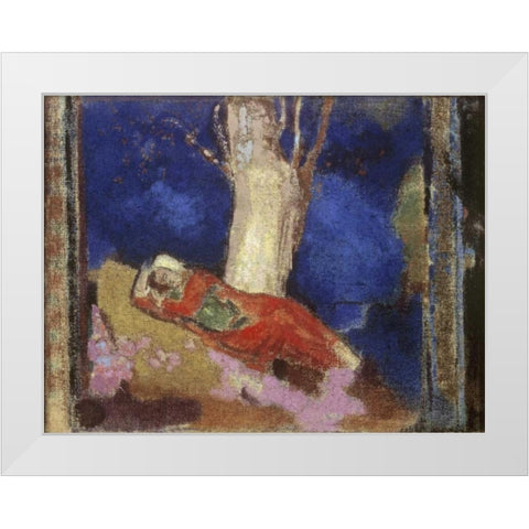 A Woman Lying Under The Tree White Modern Wood Framed Art Print by Redon, Odilion