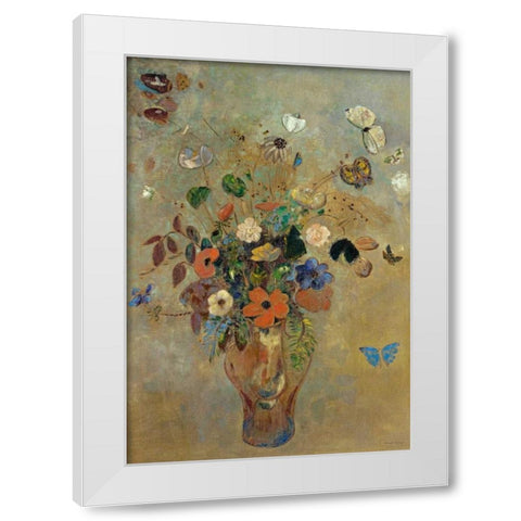 Bouquet of Flowers with Butterflies White Modern Wood Framed Art Print by Redon, Odilion
