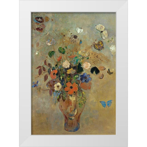 Bouquet of Flowers with Butterflies White Modern Wood Framed Art Print by Redon, Odilion