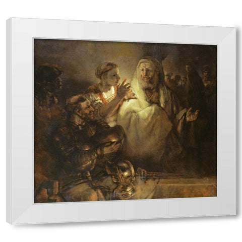 Denial of St Peter White Modern Wood Framed Art Print by Rembrandt Van Rijn,
