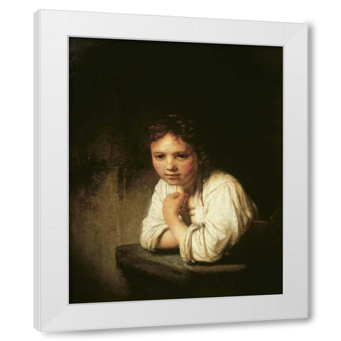 Girl at Window White Modern Wood Framed Art Print by Van Rijn, Rembrandt