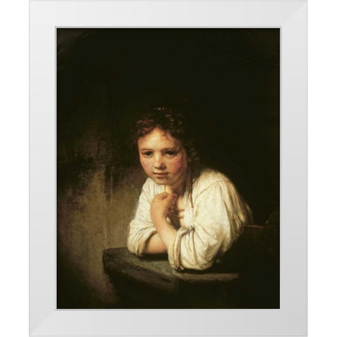 Girl at Window White Modern Wood Framed Art Print by Van Rijn, Rembrandt