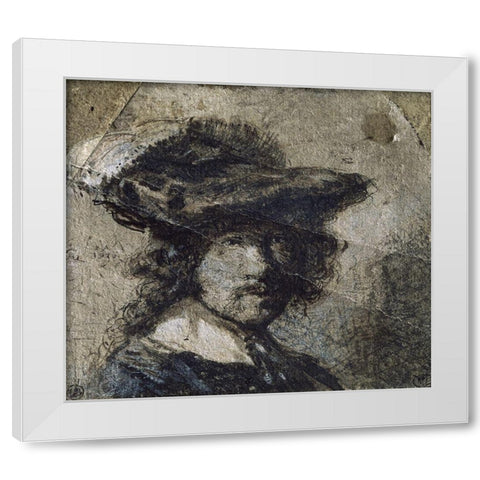 Self Portrait With Cap of Feathers and a Whitecollar - Study White Modern Wood Framed Art Print by Rembrandt Van Rijn,