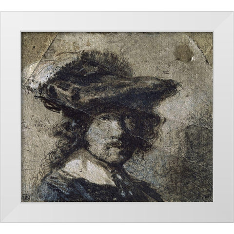 Self Portrait With Cap of Feathers and a Whitecollar - Study White Modern Wood Framed Art Print by Rembrandt Van Rijn,