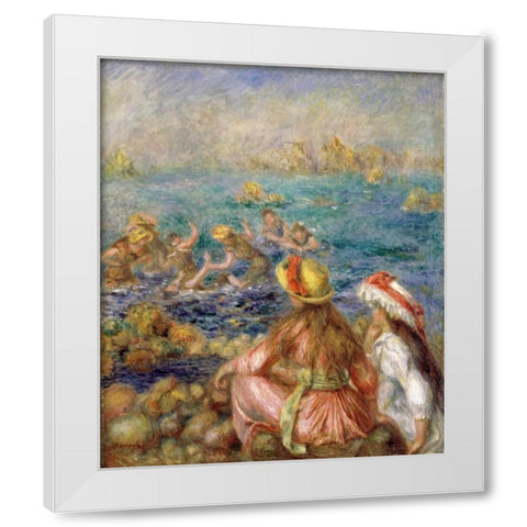 Bathers White Modern Wood Framed Art Print by Renoir, Pierre-Auguste