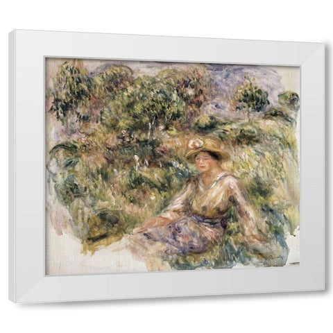 Femme en bleu en chapeau assise sur lherbe White Modern Wood Framed Art Print by Renoir, Pierre-Auguste