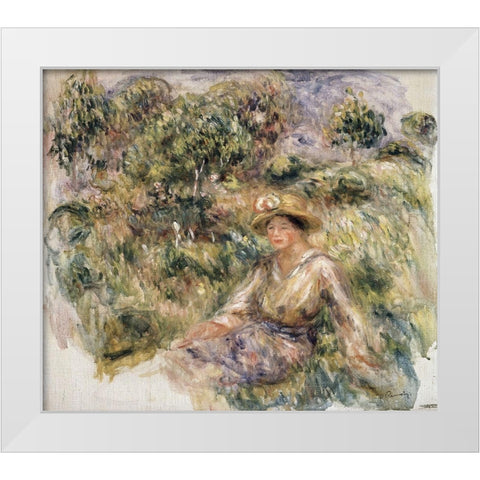 Femme en bleu en chapeau assise sur lherbe White Modern Wood Framed Art Print by Renoir, Pierre-Auguste
