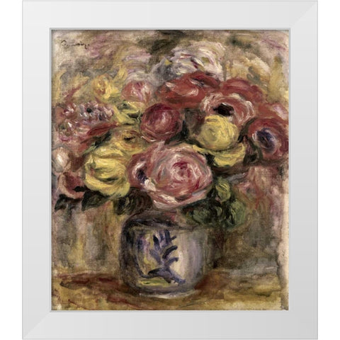Flowers in a Blue and White Vase White Modern Wood Framed Art Print by Renoir, Pierre-Auguste