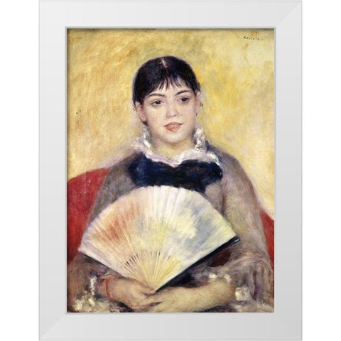 Girl with a Fan White Modern Wood Framed Art Print by Renoir, Pierre-Auguste