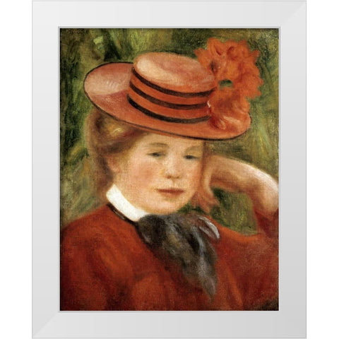 Girl with a Red Hat White Modern Wood Framed Art Print by Renoir, Pierre-Auguste