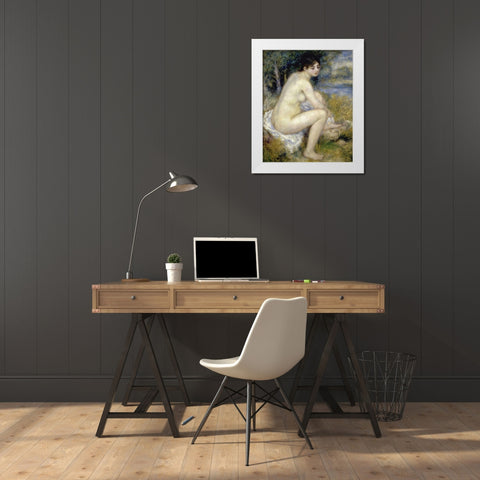 Nude Woman Seated In A Landscape White Modern Wood Framed Art Print by Renoir, Pierre-Auguste