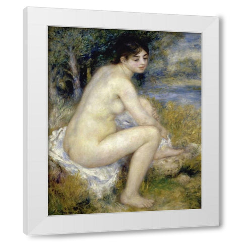 Nude Woman Seated In A Landscape White Modern Wood Framed Art Print by Renoir, Pierre-Auguste