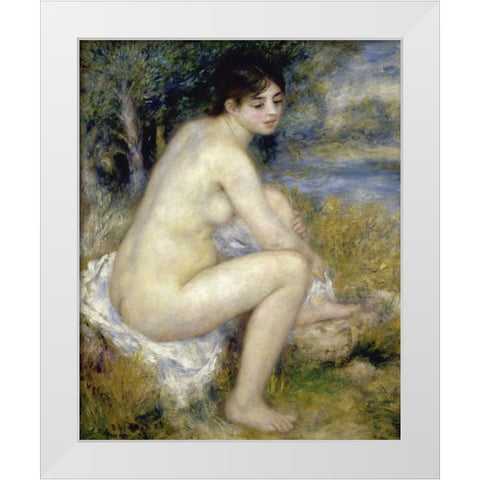 Nude Woman Seated In A Landscape White Modern Wood Framed Art Print by Renoir, Pierre-Auguste