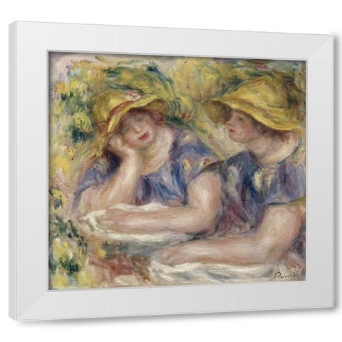 Two Women in Blue Blouses White Modern Wood Framed Art Print by Renoir, Pierre-Auguste