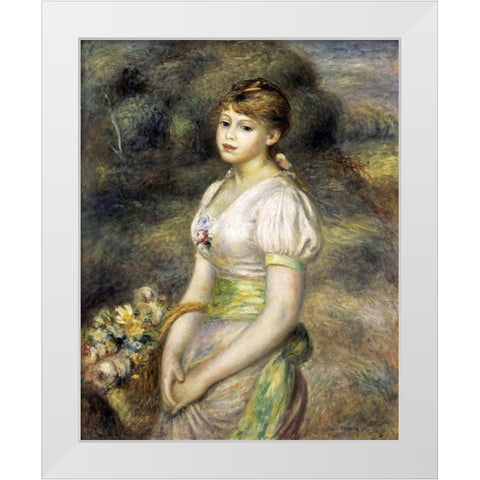 Young Girl Carrying a Basket of Flowers White Modern Wood Framed Art Print by Renoir, Pierre-Auguste