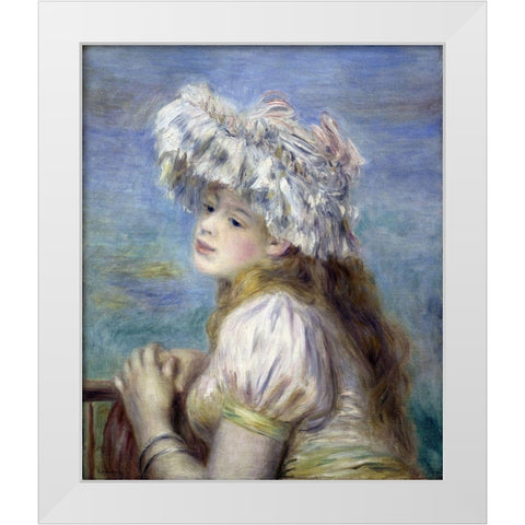 Young Girl in a Lace Hat White Modern Wood Framed Art Print by Renoir, Pierre-Auguste