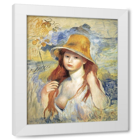 Young Woman in a Straw Hat White Modern Wood Framed Art Print by Renoir, Pierre-Auguste