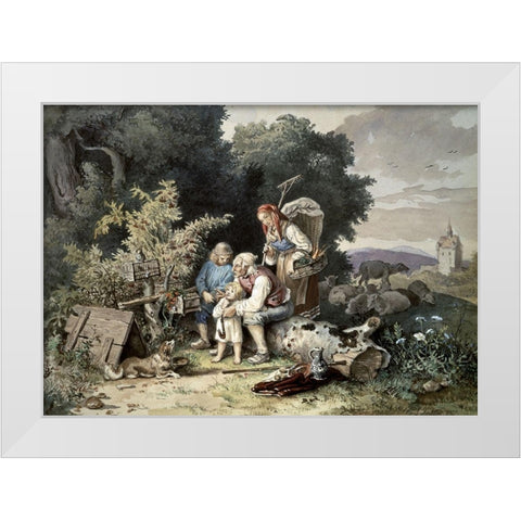 Shepherds Family White Modern Wood Framed Art Print by Richter, Ludwig