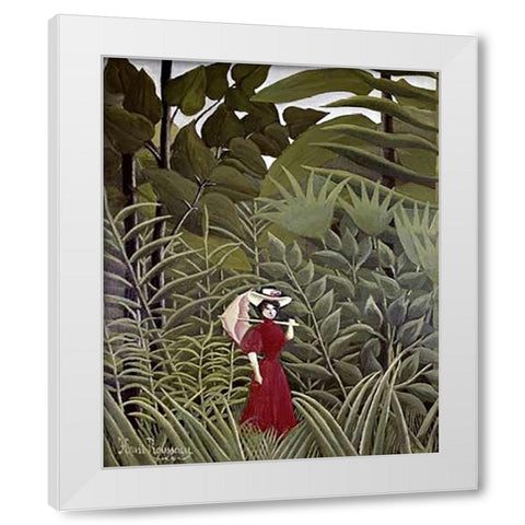 Woman with an Umbrella in an Exotic Forest White Modern Wood Framed Art Print by Rousseau, Henri