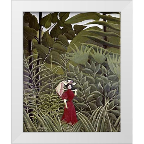 Woman with an Umbrella in an Exotic Forest White Modern Wood Framed Art Print by Rousseau, Henri
