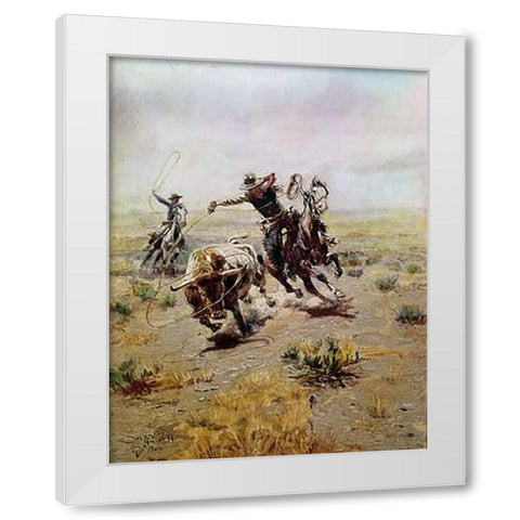 Cowboy Roping a Steer White Modern Wood Framed Art Print by Russell, Charles